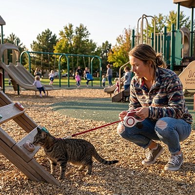 Femme au parc avec laisse chat