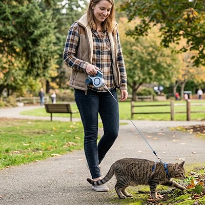 Femme avec Laisse Chat bleu