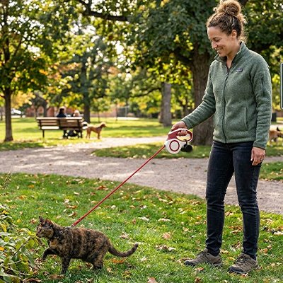 Femme avec Laisse Chat rouge