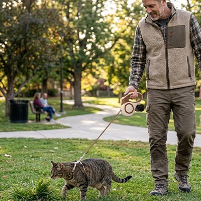 Homme avec Laisse Chat brun