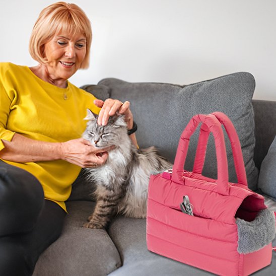 Femme sur sofa avec sac de transport pour chat
